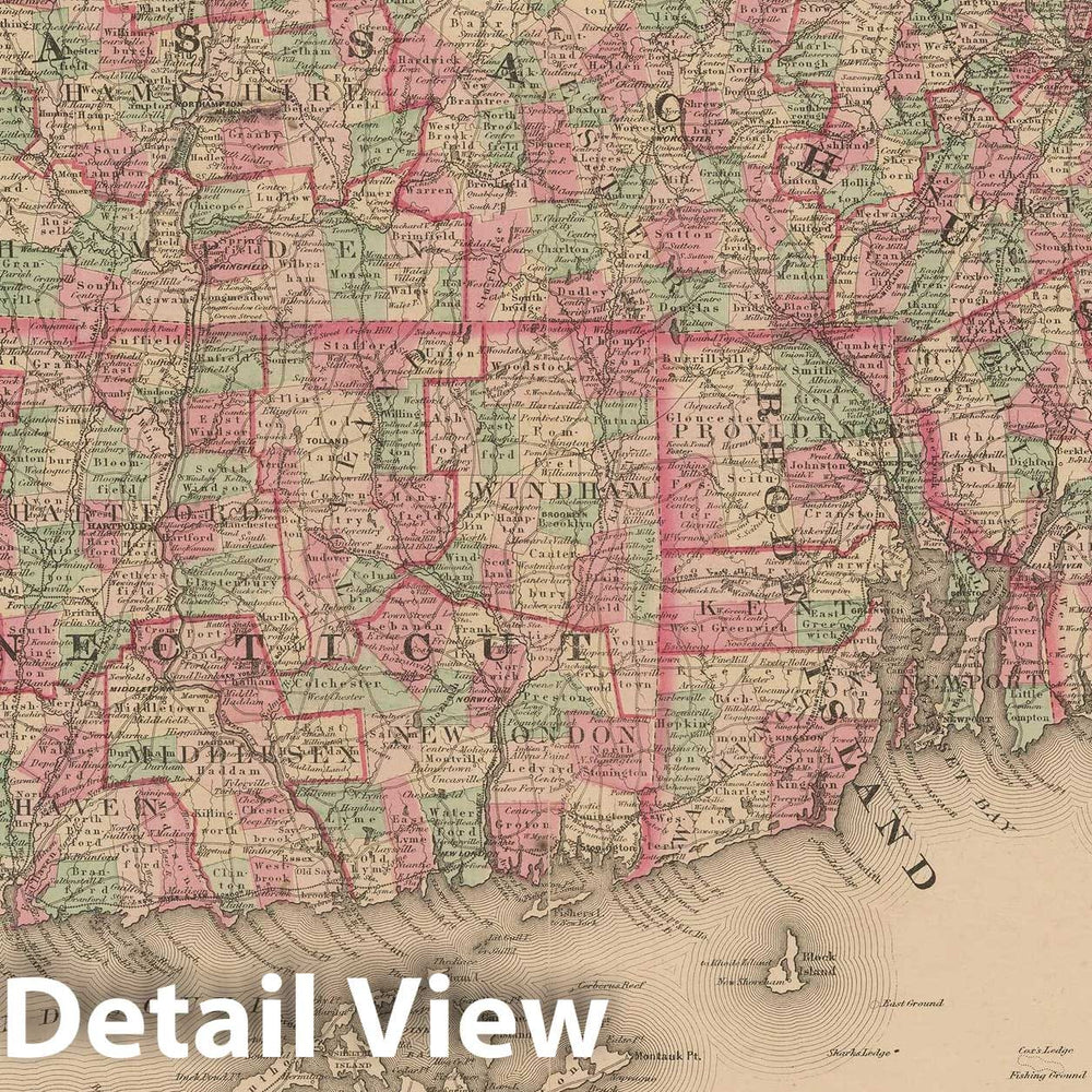 Historic Map : Connecticut & Massachusetts & Rhode Island 1864 , Vintage Wall Art