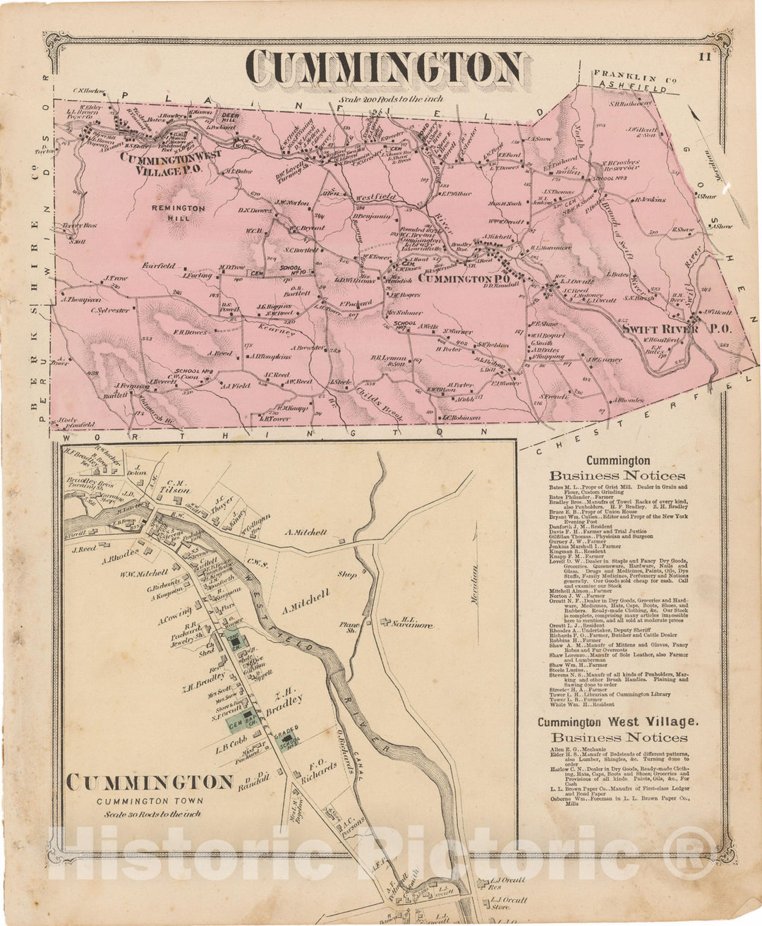 Historic Map : Atlas of Hampshire County Massachusetts, Cummington 1873 , Vintage Wall Art