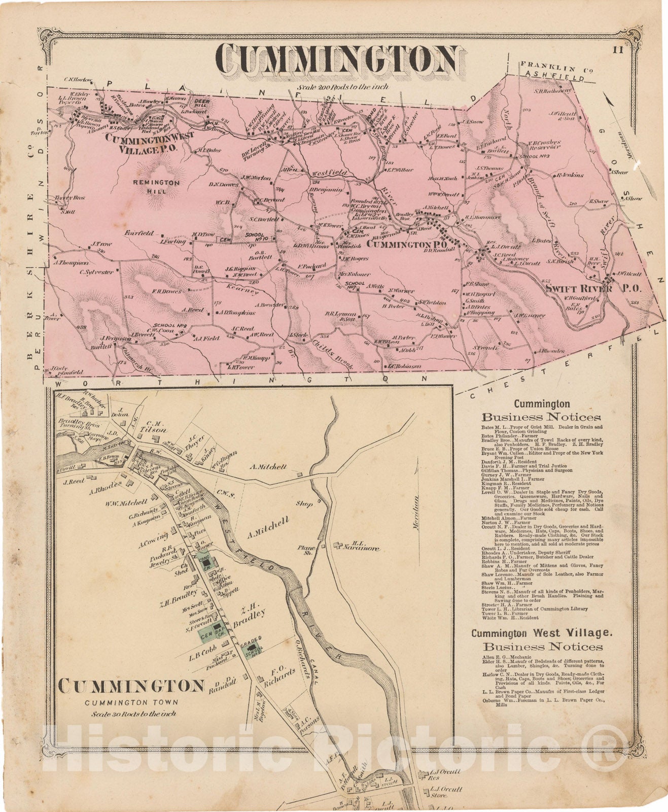Historic Map : Atlas of Hampshire County Massachusetts, Cummington 1873 , Vintage Wall Art