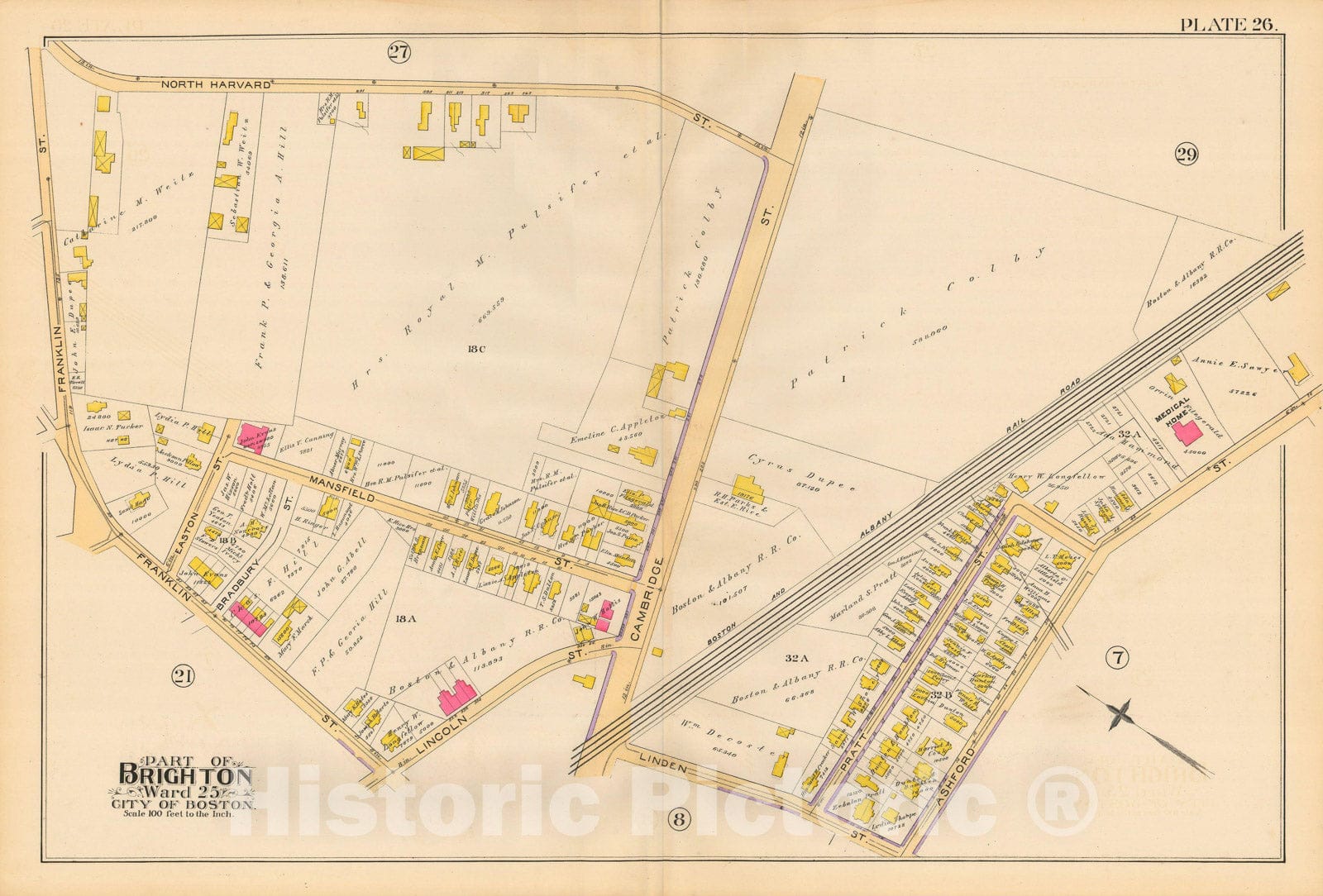 Historic Map : Atlas City of Boston, Volume 7, Brighton Mass., Allston & Brighton 1890 Plate 026 , Vintage Wall Art