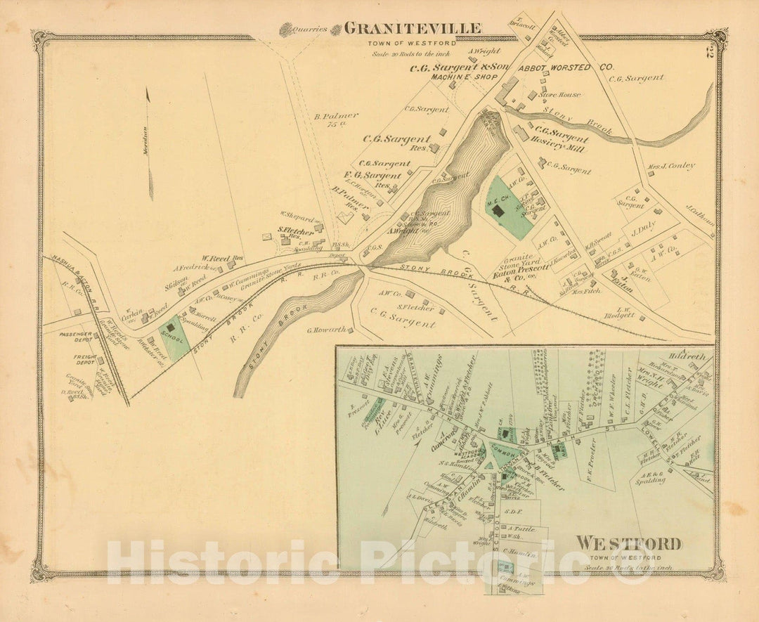 Historic Map : County Atlas of Middlesex Massachusetts, Westford 1875 , v2, Vintage Wall Art
