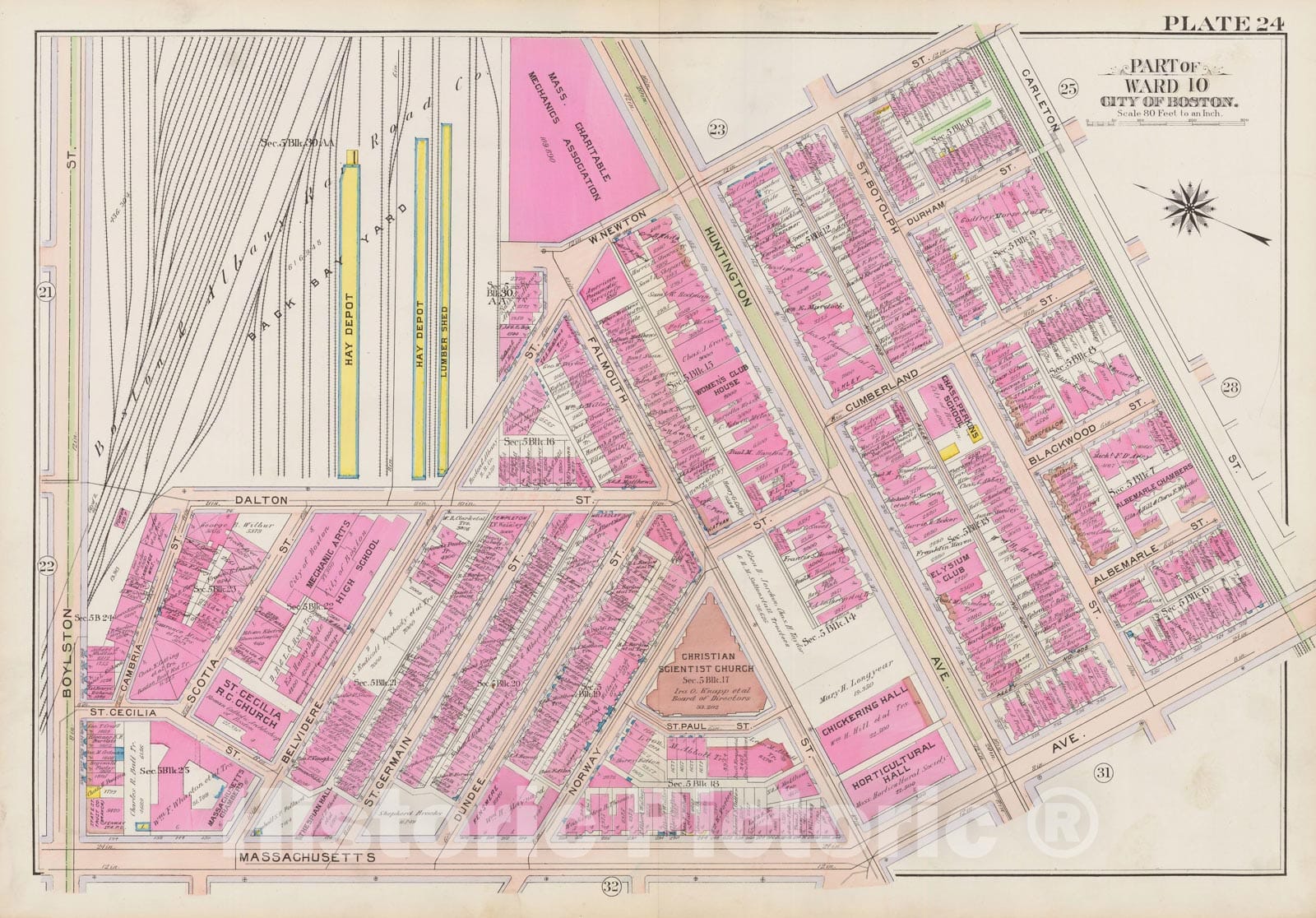 Historic Map : Atlas City of Boston: Boston Proper and Back Bay, Boston 1908 Plate 024 , Vintage Wall Art