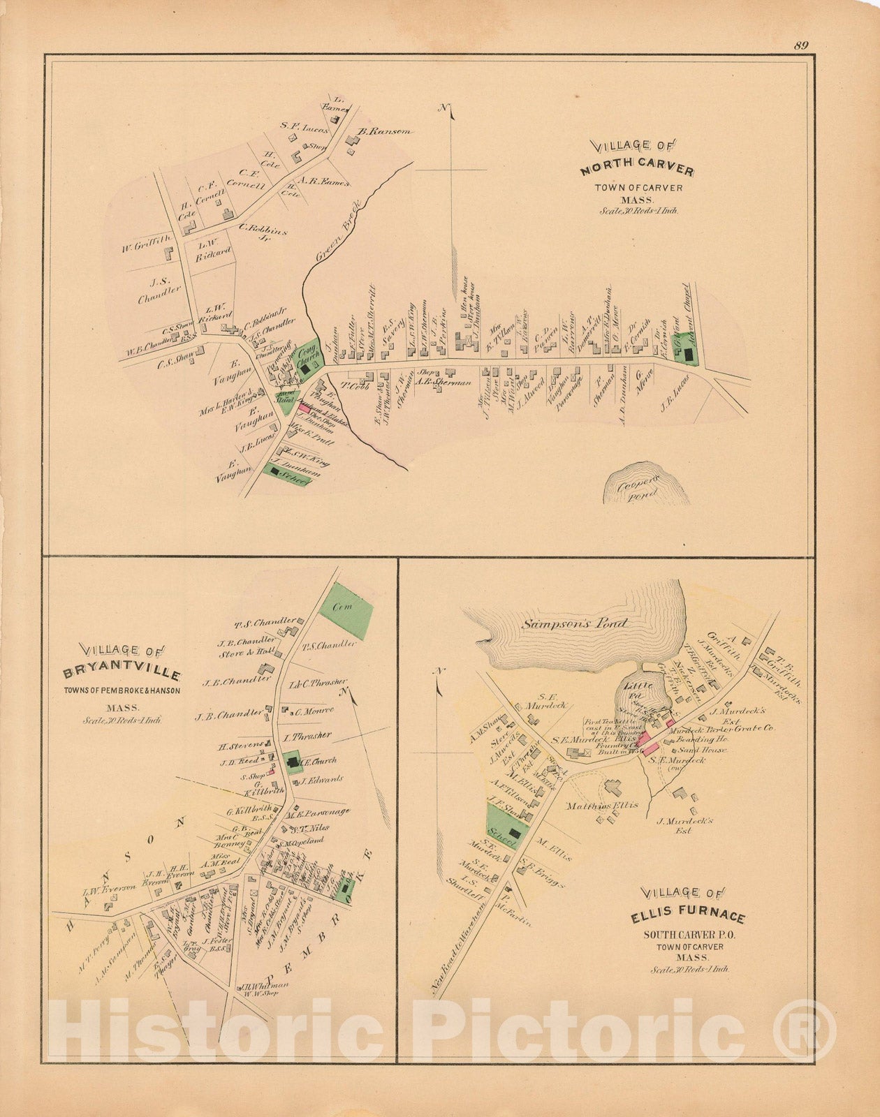 Historic Map : Atlas of Plymouth County Massachusetts, Carver & Hanson & Pembroke 1879 , Vintage Wall Art