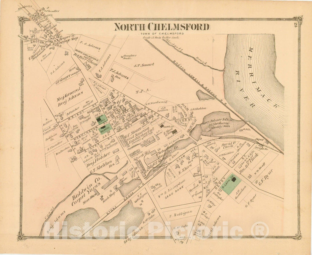 Historic Map : County Atlas of Middlesex Massachusetts, North Chelmsford 1875 , Vintage Wall Art