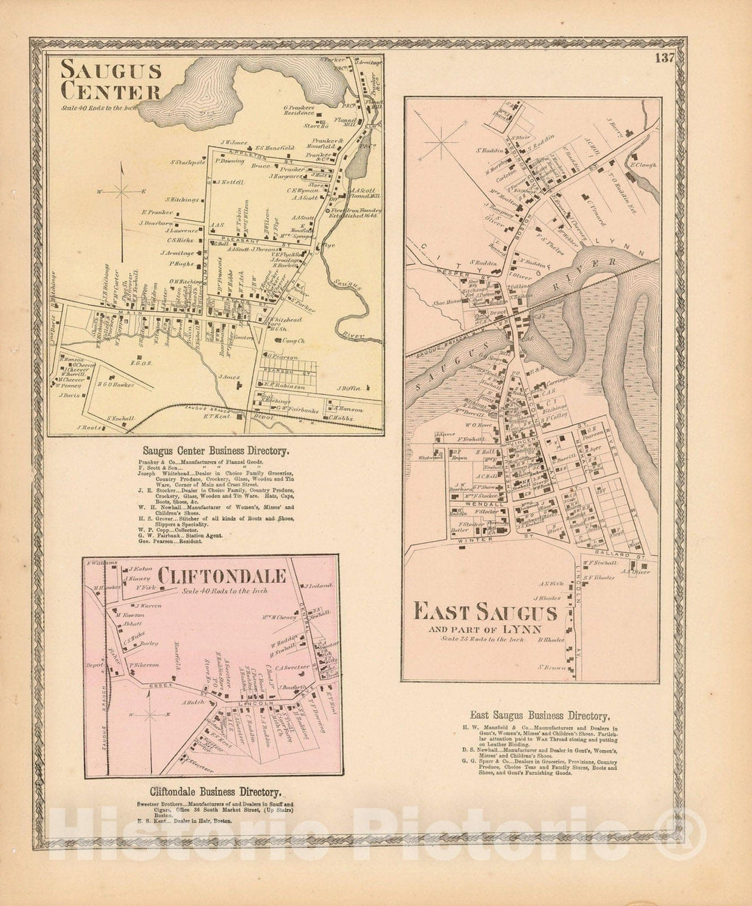 Historic Map : Atlas of Essex County Massachusetts, Lynn & Saugus 1872 , Vintage Wall Art