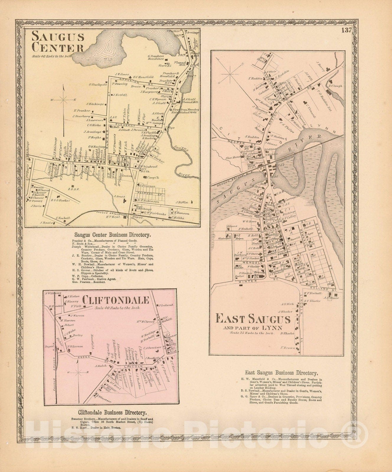 Historic Map : Atlas of Essex County Massachusetts, Lynn & Saugus 1872 , Vintage Wall Art