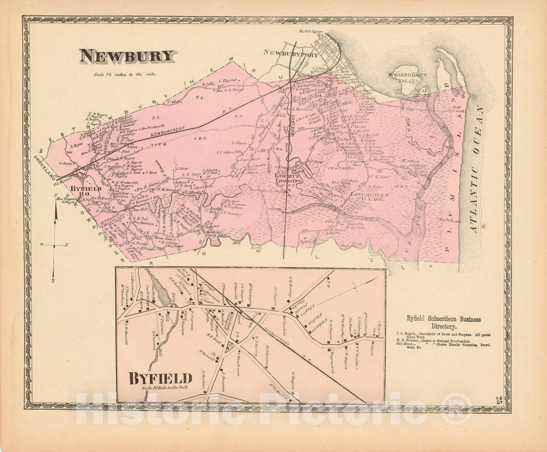 Historic Map : Atlas of Essex County Massachusetts, Byfield & Newbury 1872 , Vintage Wall Art