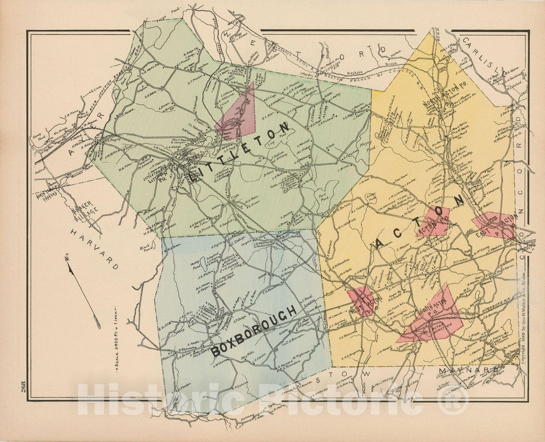 Historic Map : Atlas of Middlesex County, Massachusetts, Acton & Boxborough & Littleton 1889 , Vintage Wall Art