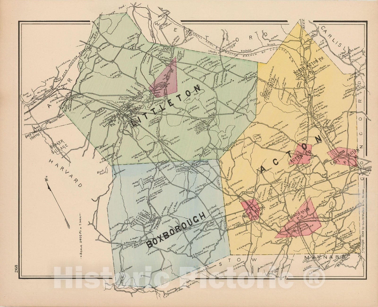Historic Map : Atlas of Middlesex County, Massachusetts, Acton & Boxborough & Littleton 1889 , Vintage Wall Art