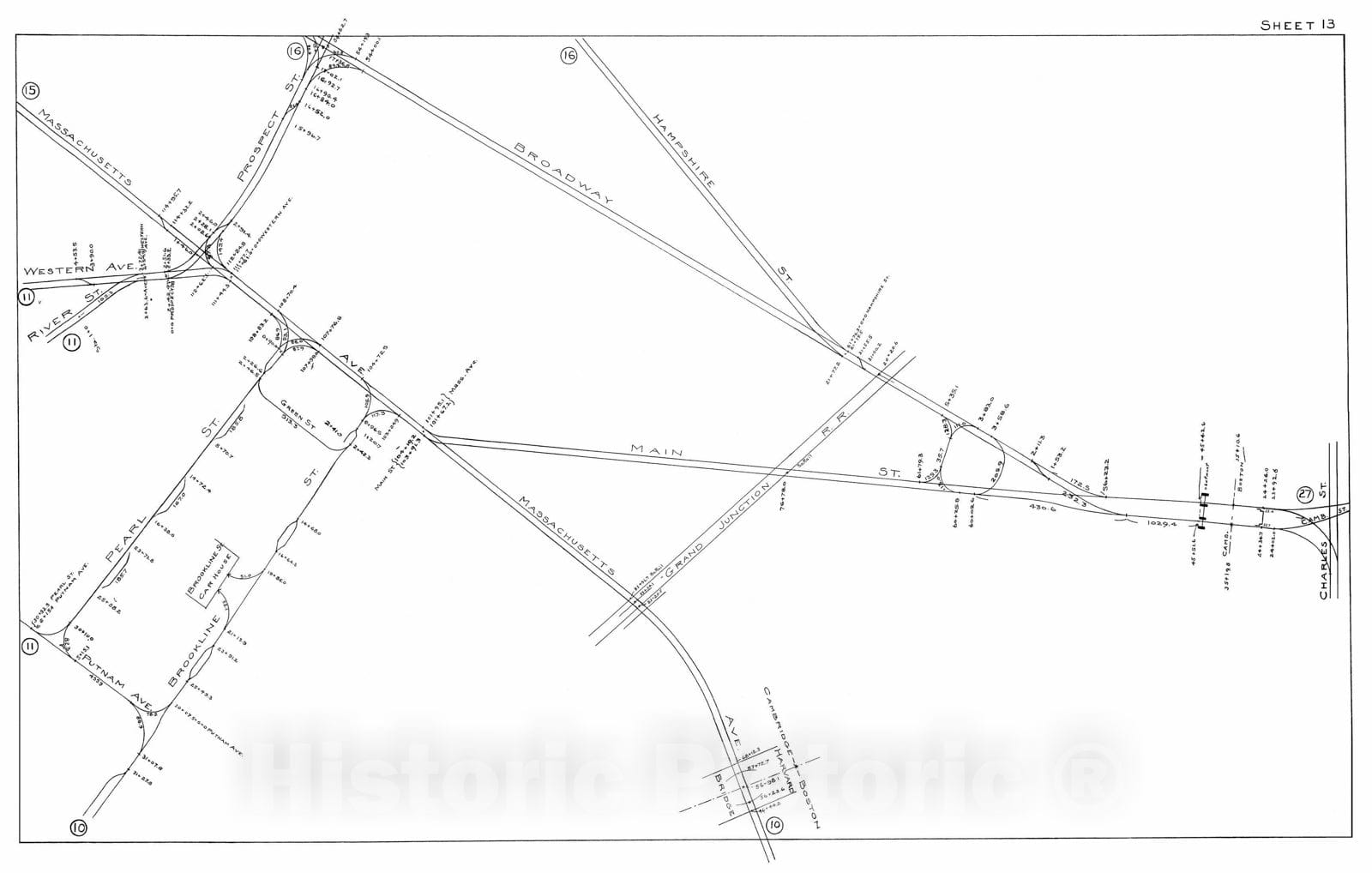 Historic Map : Boston Elevated Railway Track Plans, Cambridge 1899-1915 Plate 013 , Vintage Wall Art