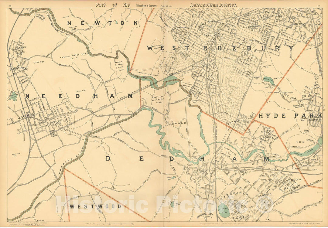 Historic Map : Atlas of Massachusetts, Dedham & Needham & West Roxbury 1904 , Vintage Wall Art