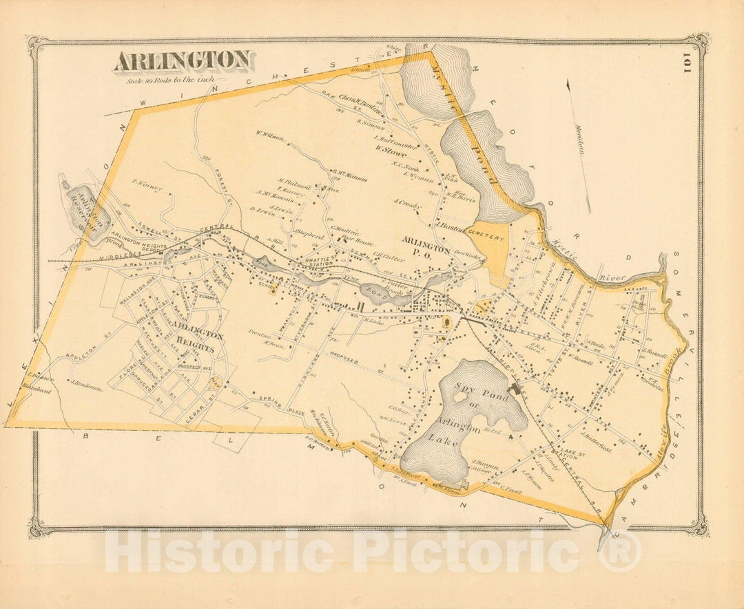 Historic Map : County Atlas of Middlesex Massachusetts, Arlington 1875 , v2, Vintage Wall Art