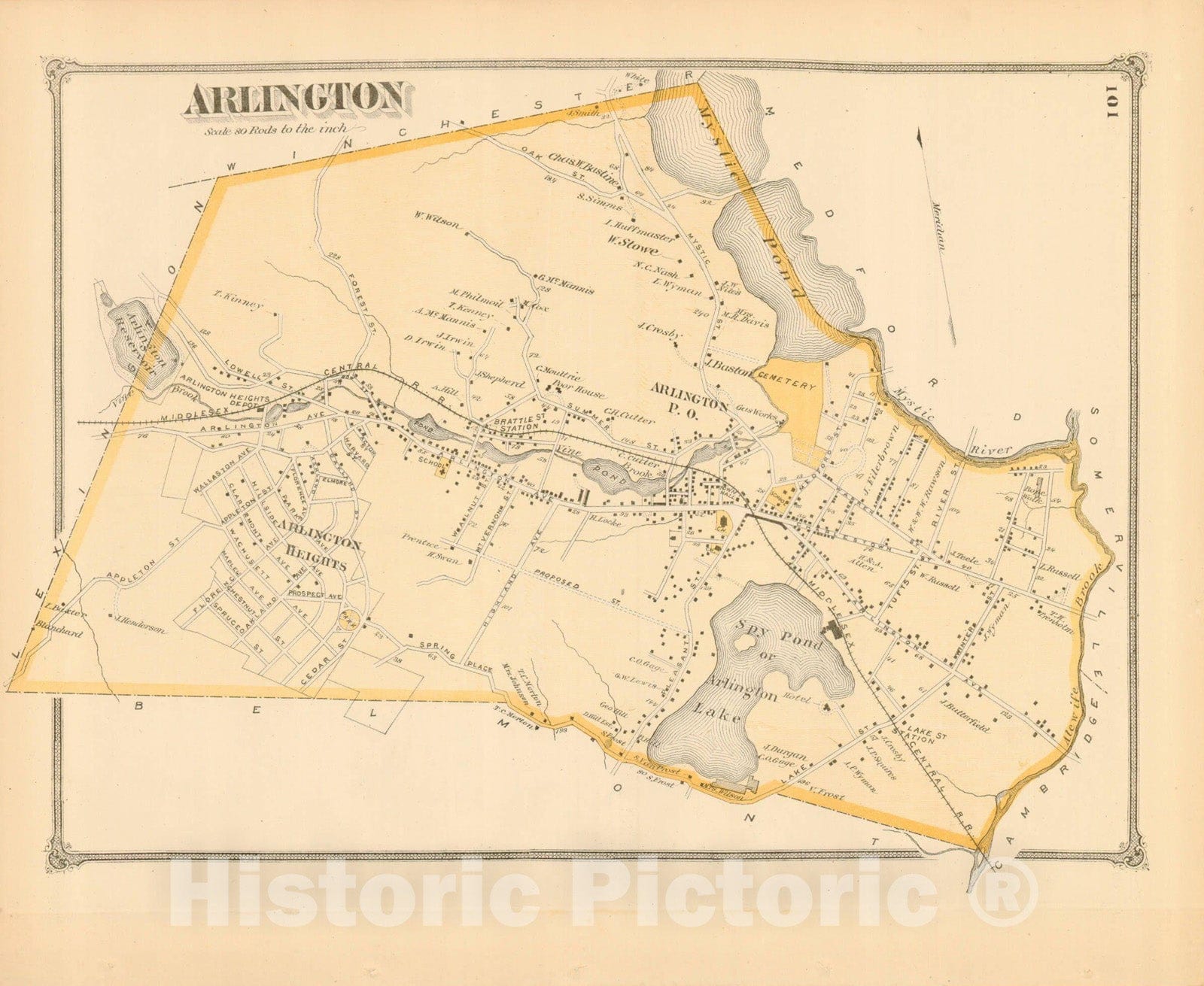 Historic Map : County Atlas of Middlesex Massachusetts, Arlington 1875 , v2, Vintage Wall Art