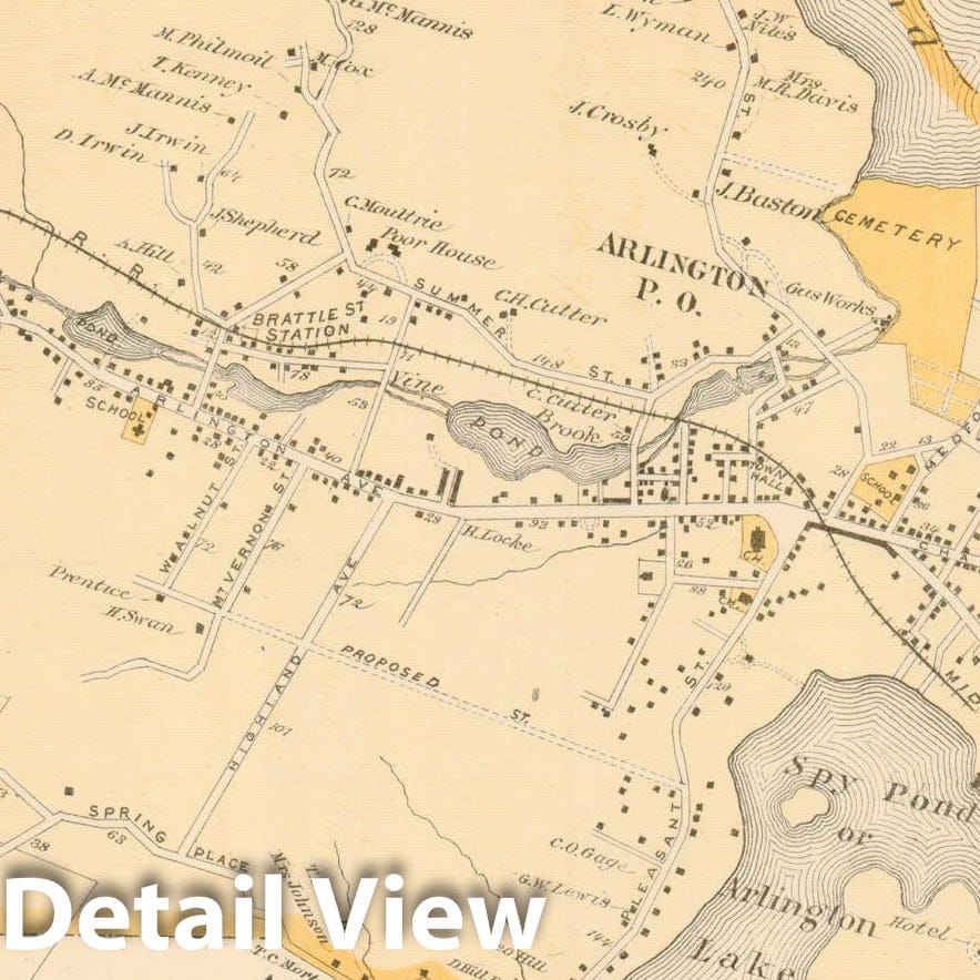 Historic Map : County Atlas of Middlesex Massachusetts, Arlington 1875 , v2, Vintage Wall Art