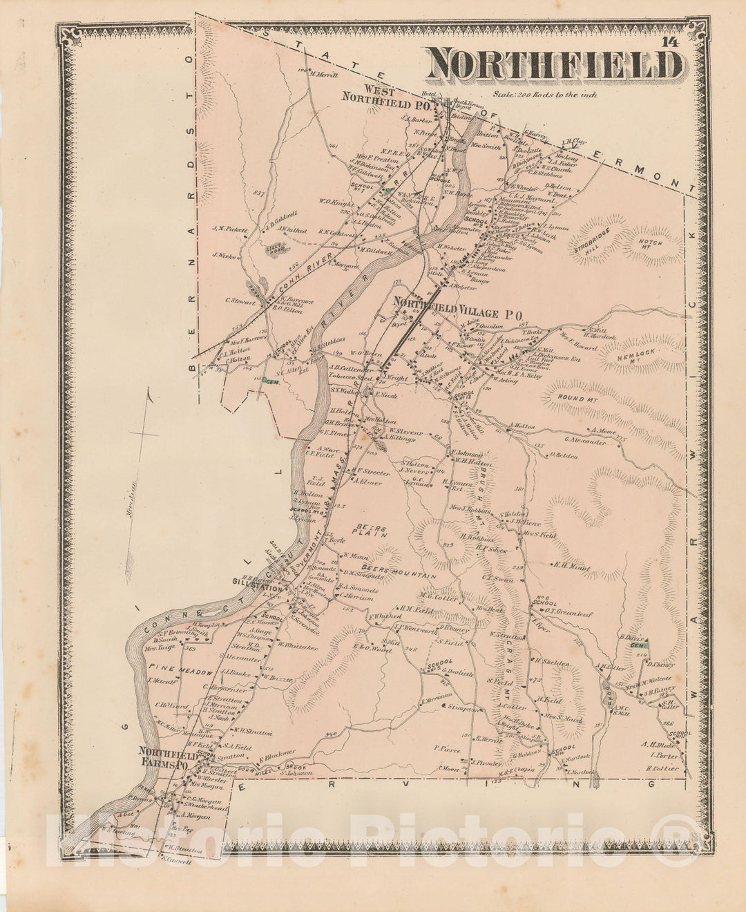Historic Map : Atlas of Franklin Co. Massachusetts, Northfield 1871 , Vintage Wall Art