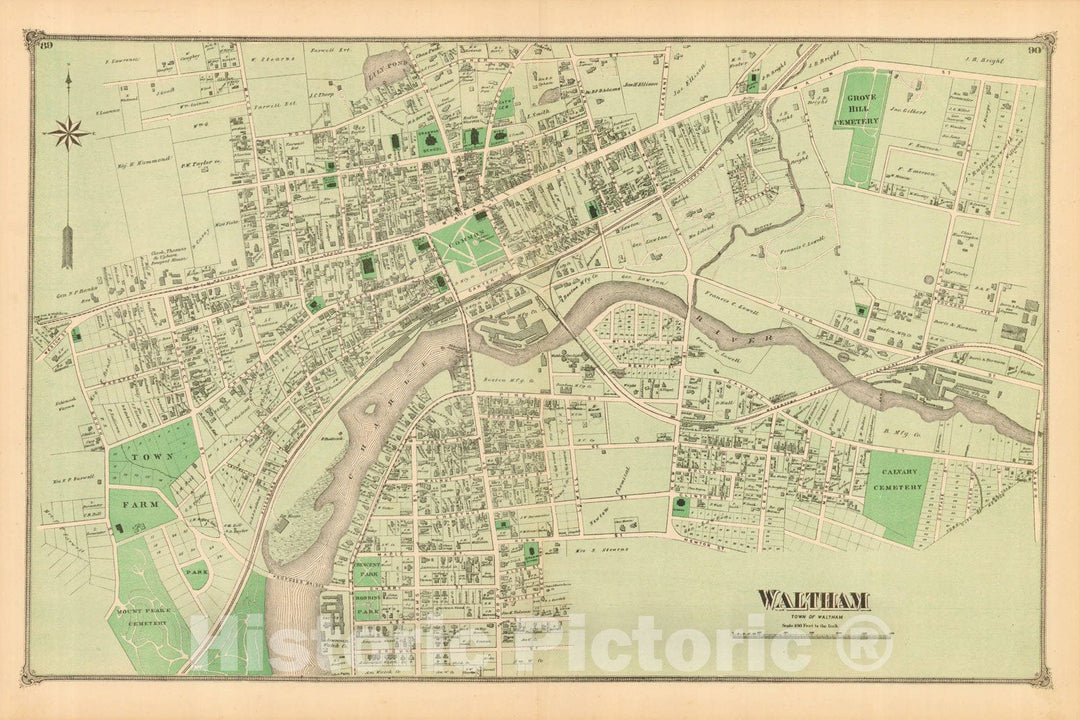 Historic Map : County Atlas of Middlesex Massachusetts, Waltham 1875 , v2, Vintage Wall Art