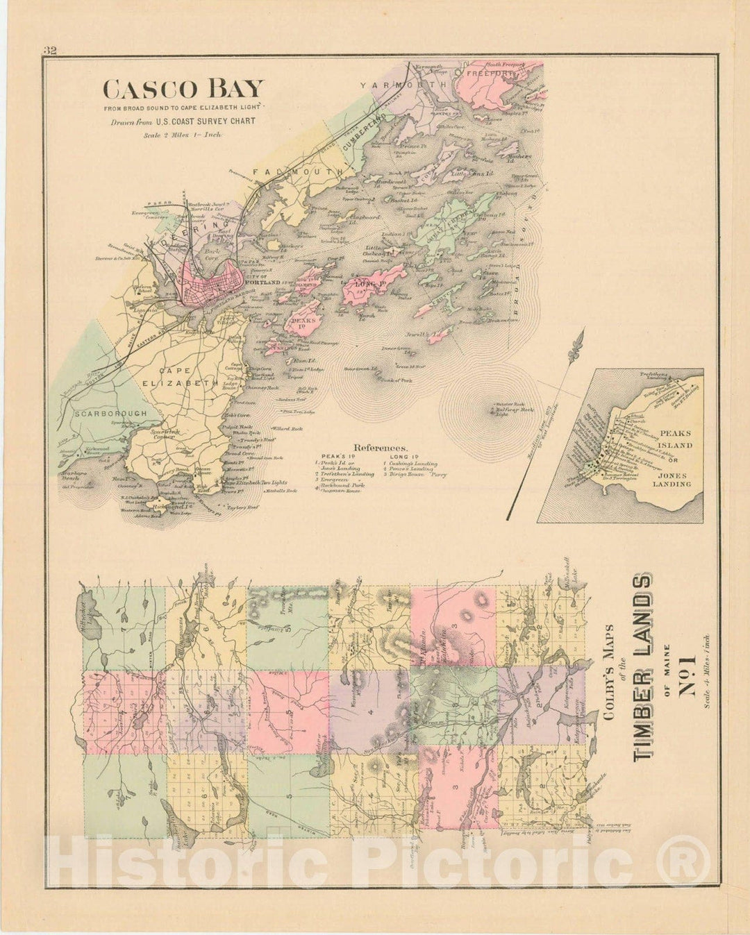 Historic Map : Atlas of Maine, Casco Bay and Timberlands 1885 , Vintage Wall Art