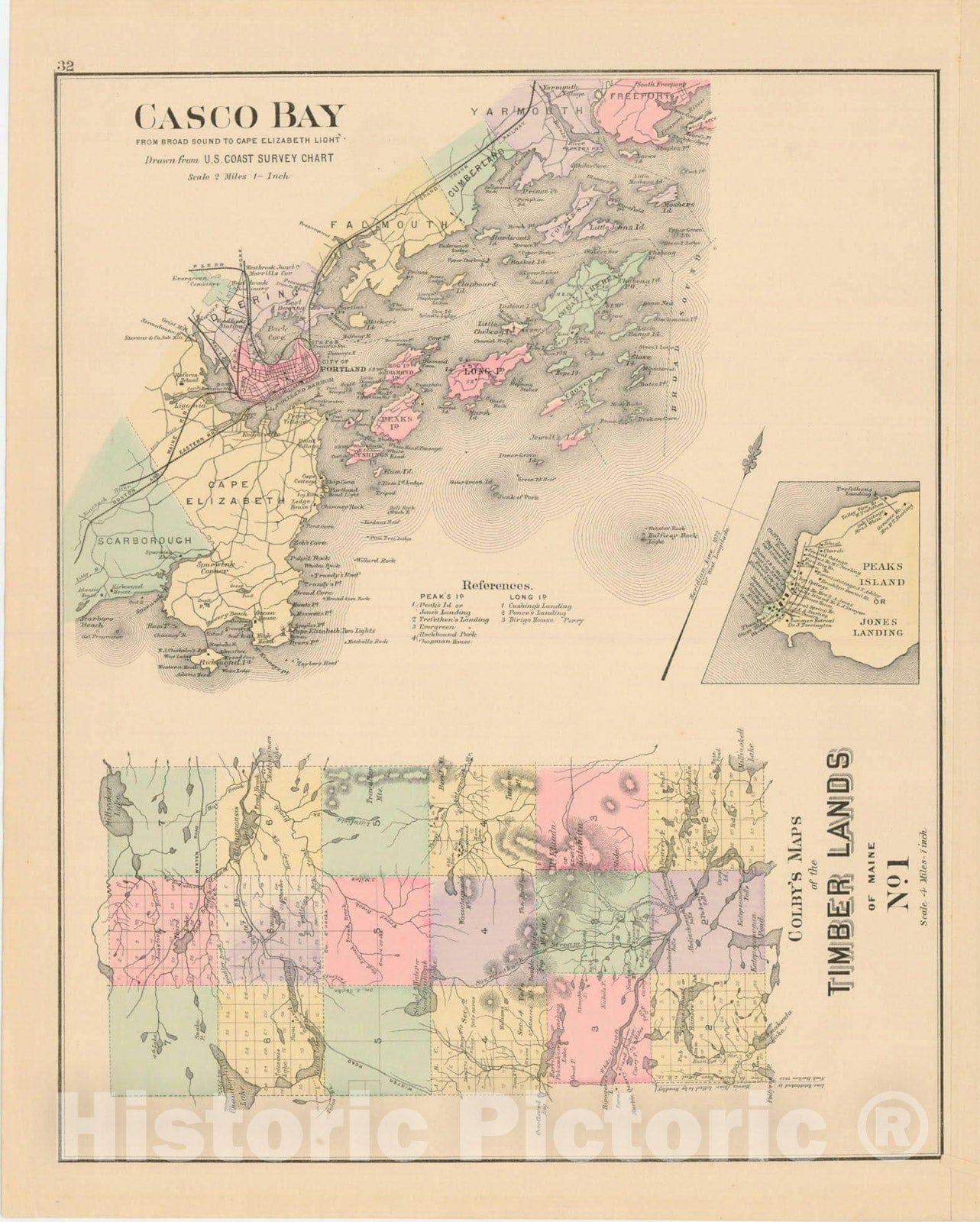 Historic Map : Atlas of Maine, Casco Bay and Timberlands 1885 , Vintage Wall Art