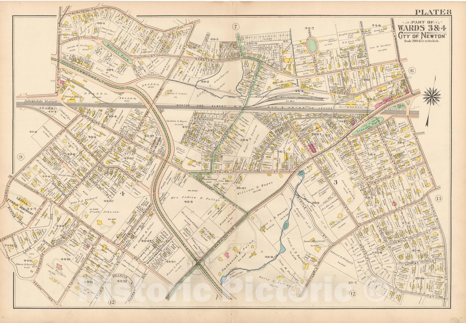Historic Map : Atlas City of Newton, MA, Newton 1907 Plate 008 , Vintage Wall Art
