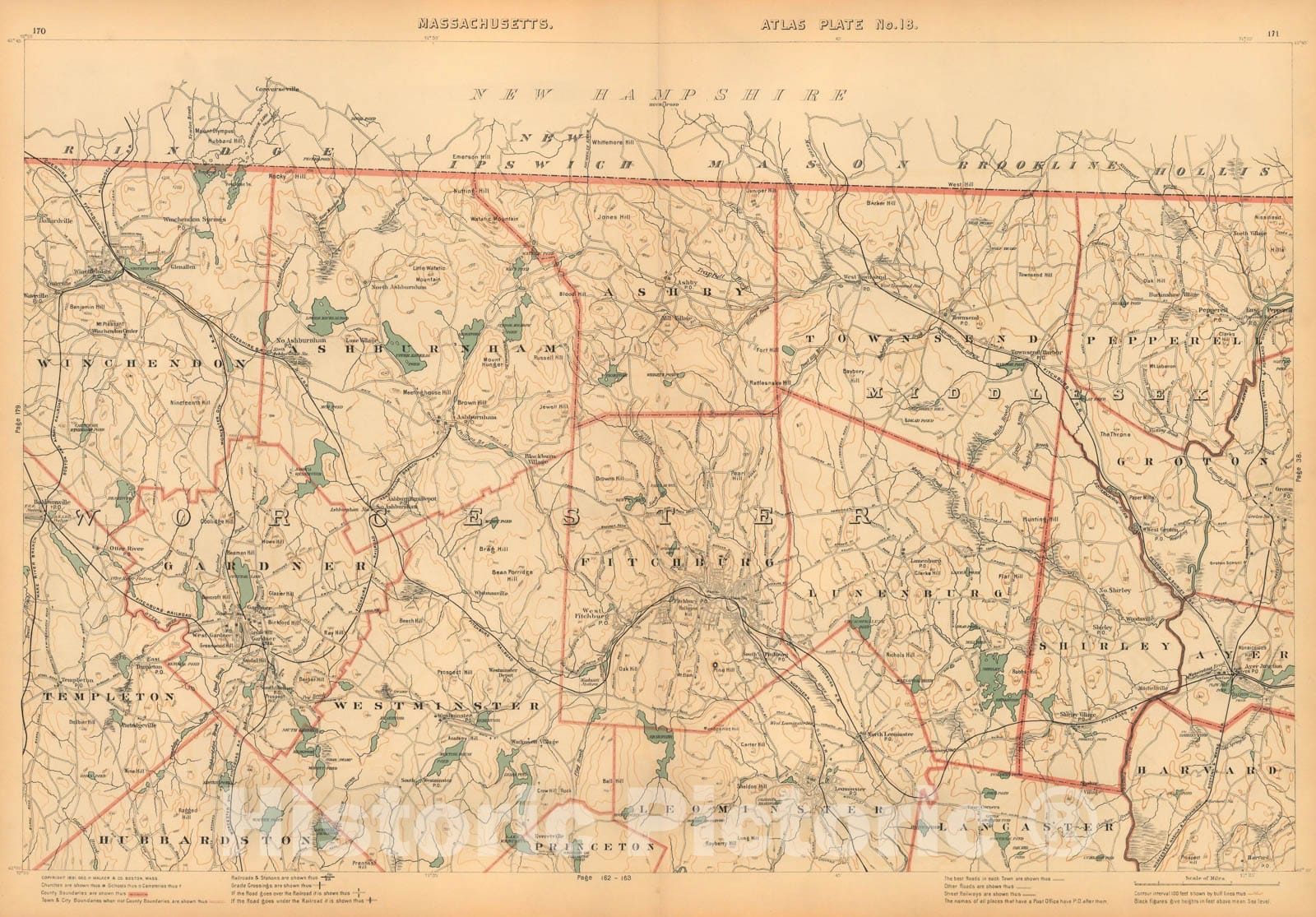 Historic Map : Atlas of Massachusetts, Fitchburg & Gardner & Leominster & Lunenburg & Pepperell & Shirley & Townsend 1891 Plate 018 , Vintage Wall Art