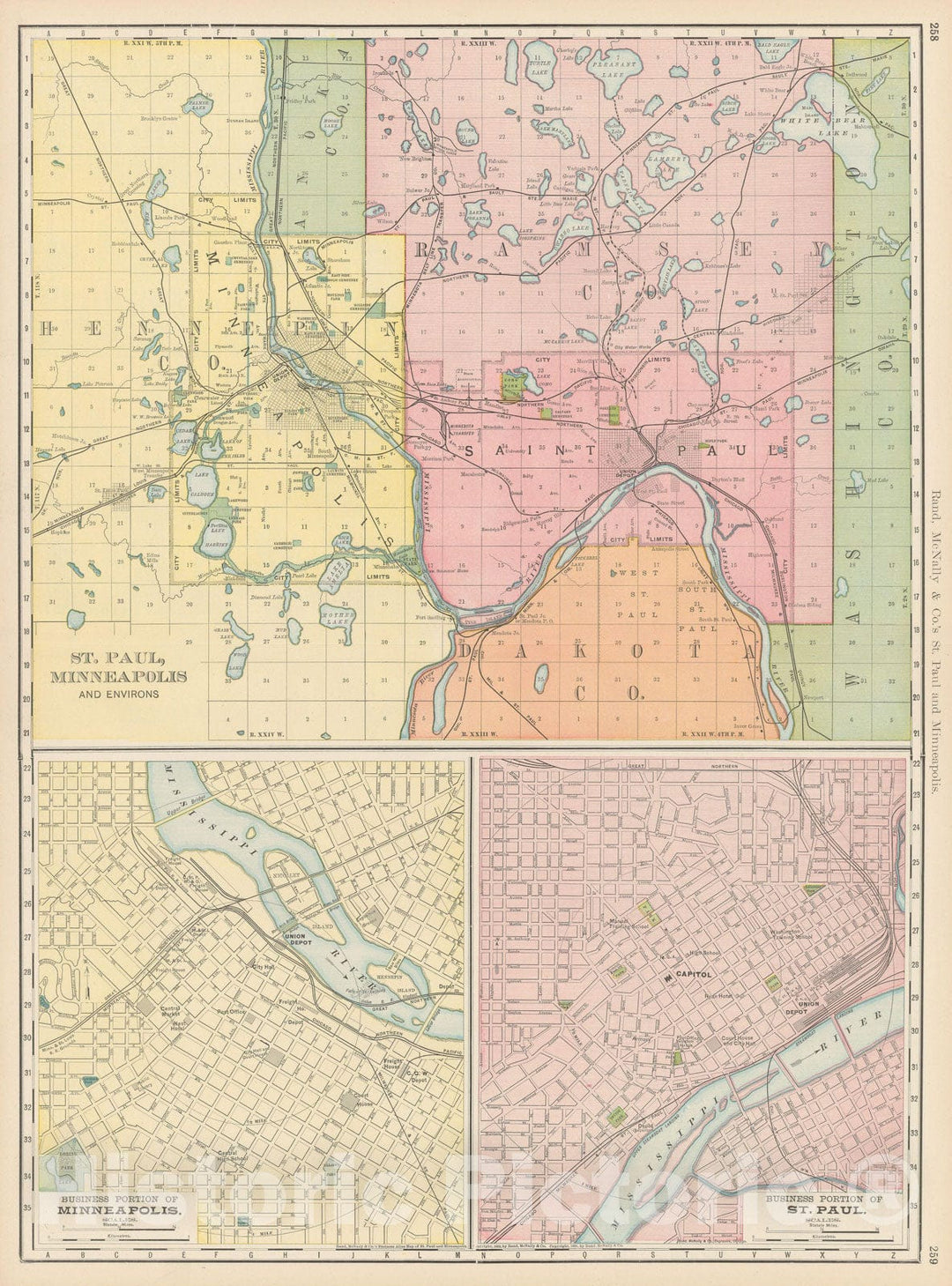 Historic Map : Minneapolis & Saint Paul 1903 , Rand McNally Business Atlas , Vintage Wall Art