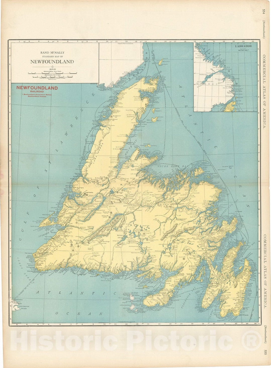 Historic Map : Commercial Atlas of America, 56th Edition, Newfoundland 1925 , Vintage Wall Art