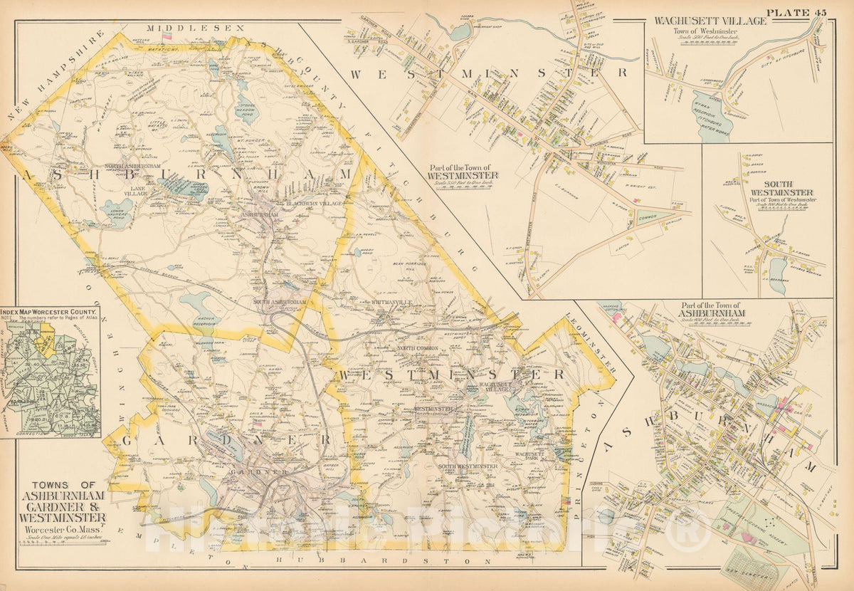 Historic Map : New Topo Atlas County of Worcester, Ashburnham & Gardner & Westminster 1898 Plate 045 , Vintage Wall Art