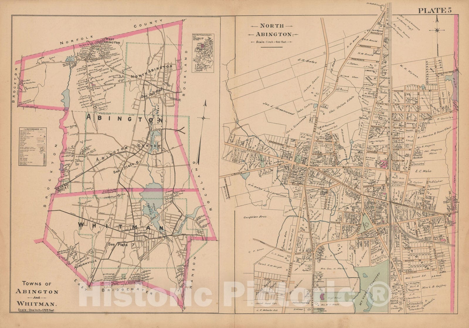 Historic Map : MA, Abington & Whitman 1903 Plate 005 , New Topographical Atlas of Surveys of Plymouth County ... , Vintage Wall Art