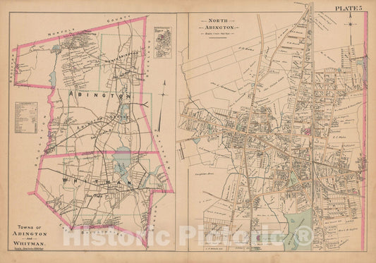 Historic Map : MA, Abington & Whitman 1903 Plate 005 , New Topographical Atlas of Surveys of Plymouth County ... , Vintage Wall Art