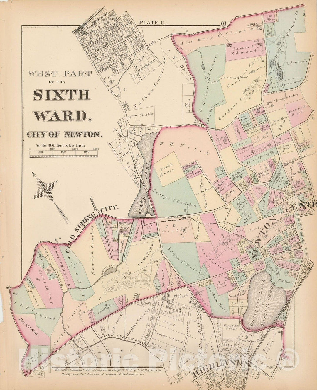Historic Map : City of Newton, Middlesex County, Newton 1874 Plate U , Vintage Wall Art