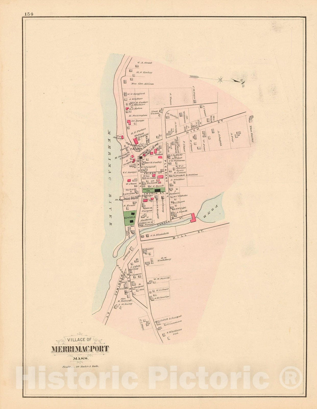 Historic Map : Atlas of Essex County, Merrimac & Merrimacport 1884 , Vintage Wall Art