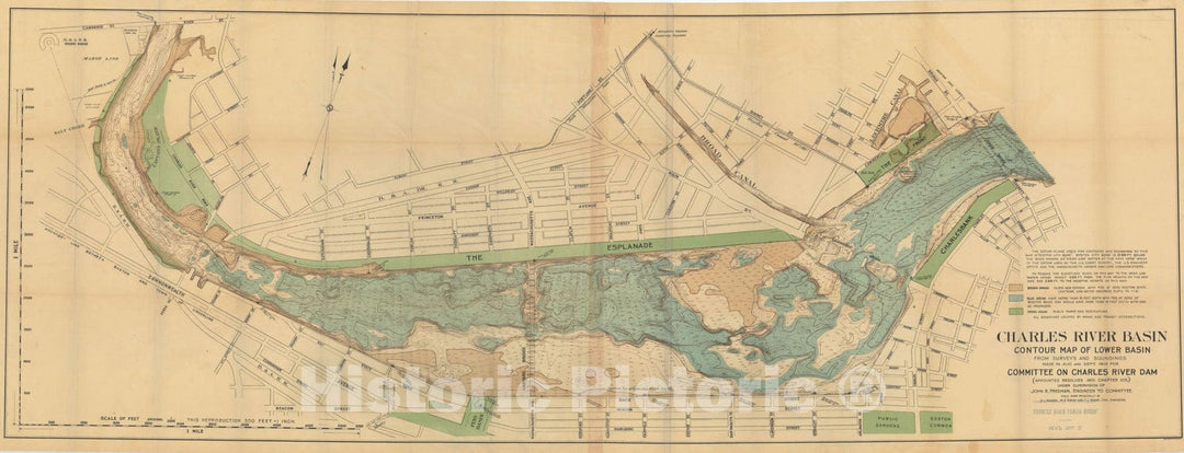 Historic Map : Charles River Lower Basin Contour Map 1902 Charles River Dam Report , Vintage Wall Art