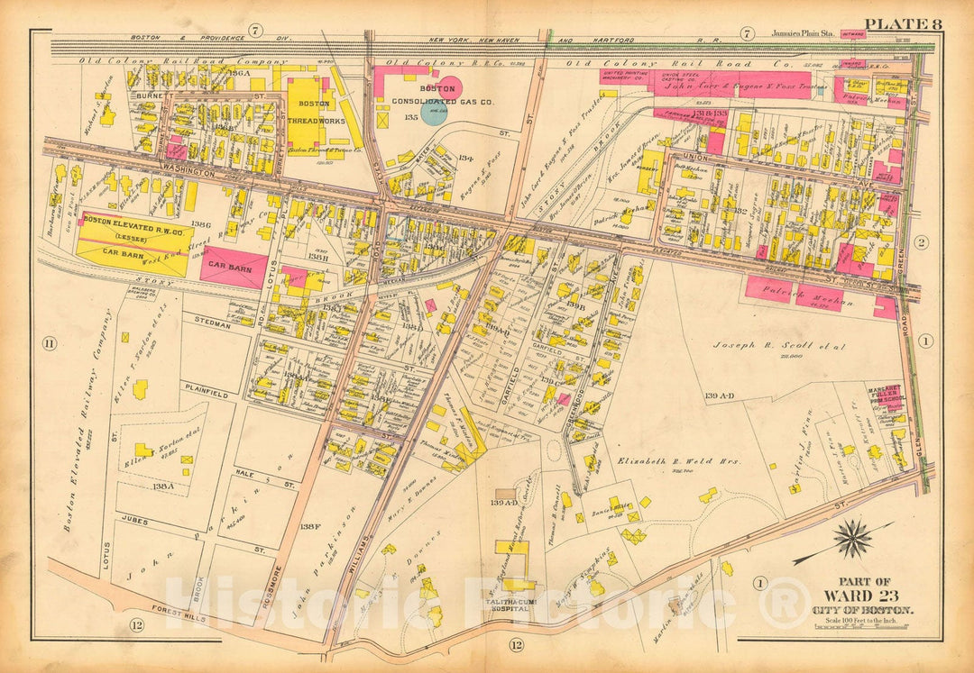 Historic Map : Atlas City of Boston, West Roxbury, Jamaica Plain 1914 Plate 008 , Vintage Wall Art