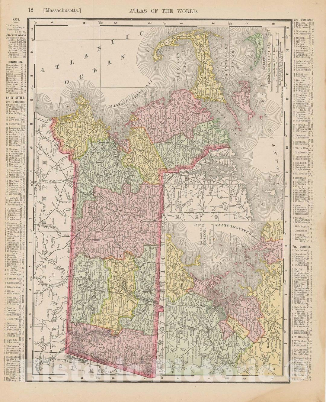 Historic Map : Massachusetts 1900 , Universal Atlas World , Vintage Wall Art