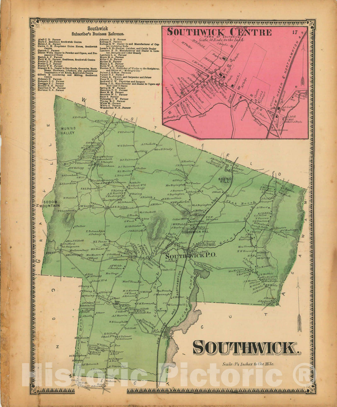 Historic Map : Atlas of Hampden County Massachusetts, Southwick 1870 , Vintage Wall Art