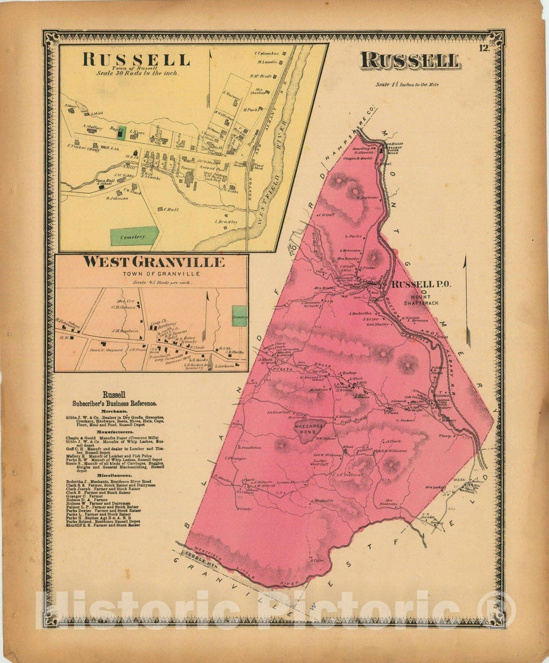 Historic Map : Atlas of Hampden County Massachusetts, Russell 1870 , Vintage Wall Art