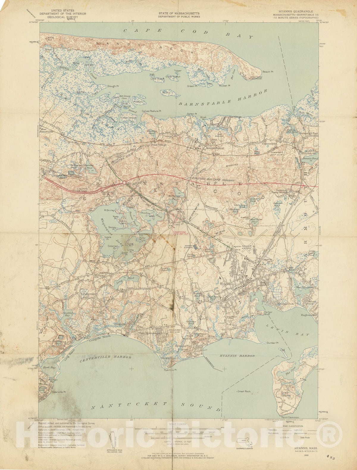 Historic Map : USGS 7.5 Minute Sheets and Quadrangles, Barnstable & Hyannis 1950 Topographic Map , Vintage Wall Art
