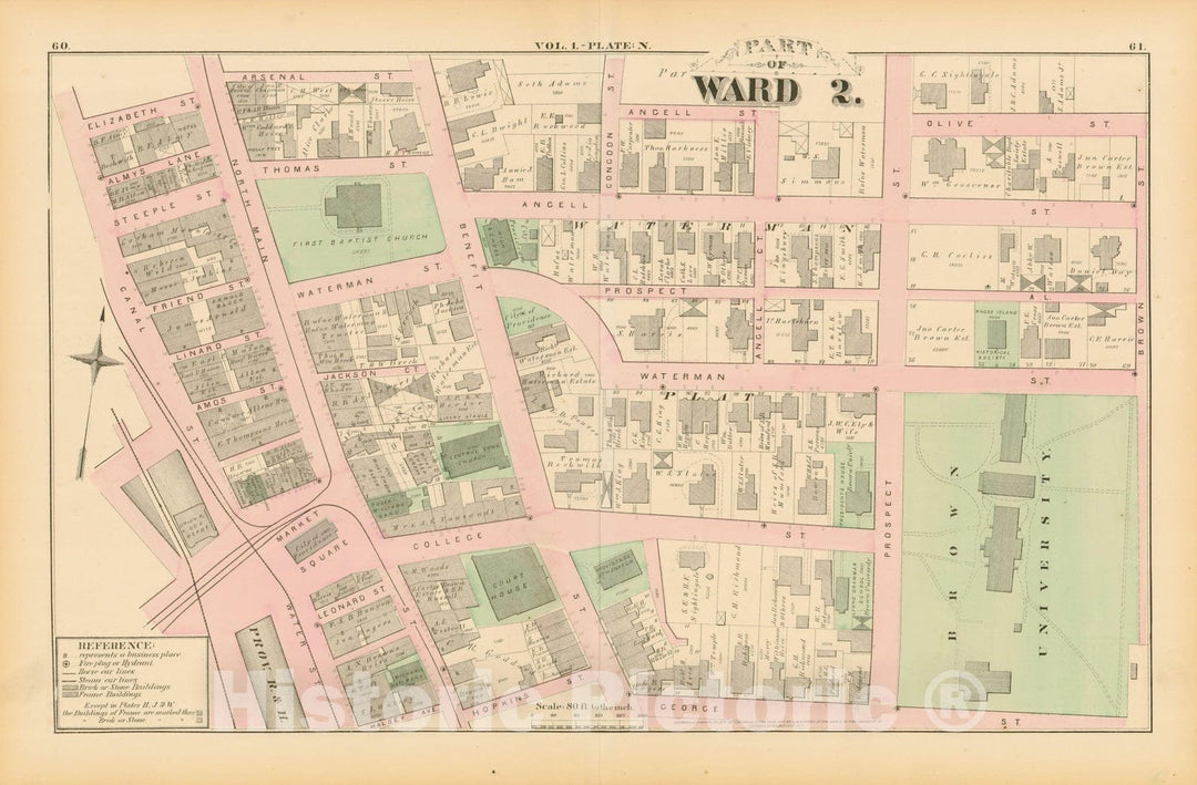 Historic Map : City Atlas of Providence Rhode Island by Wards, Volume I, Providence 1875 Plate N , Vintage Wall Art
