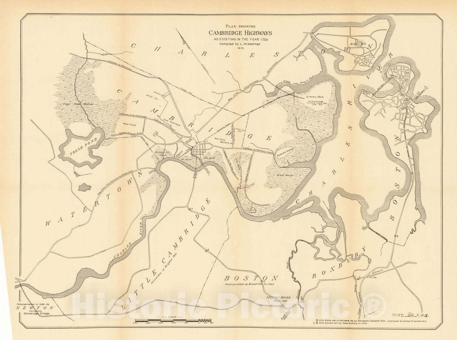 Historic Map : Cambridge Highways 1700 , v2, Vintage Wall Art