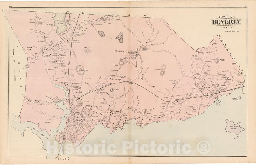 Historic Map : Atlas of Essex County, Beverly 1884 , Vintage Wall Art