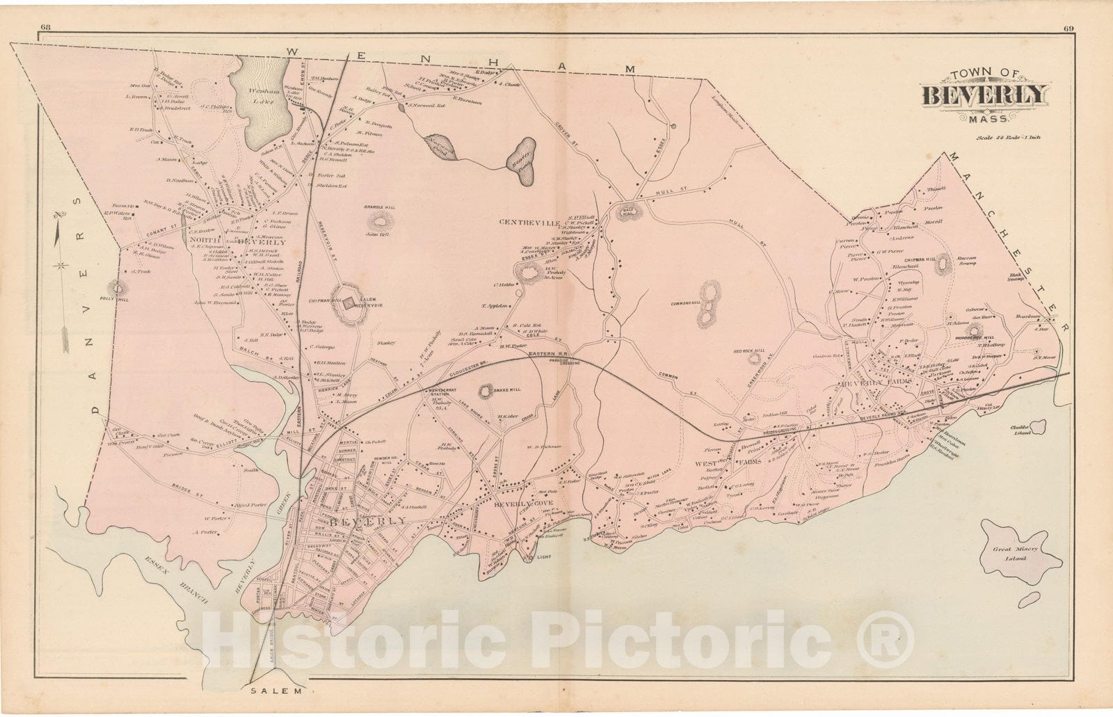 Historic Map : Atlas of Essex County, Beverly 1884 , Vintage Wall Art