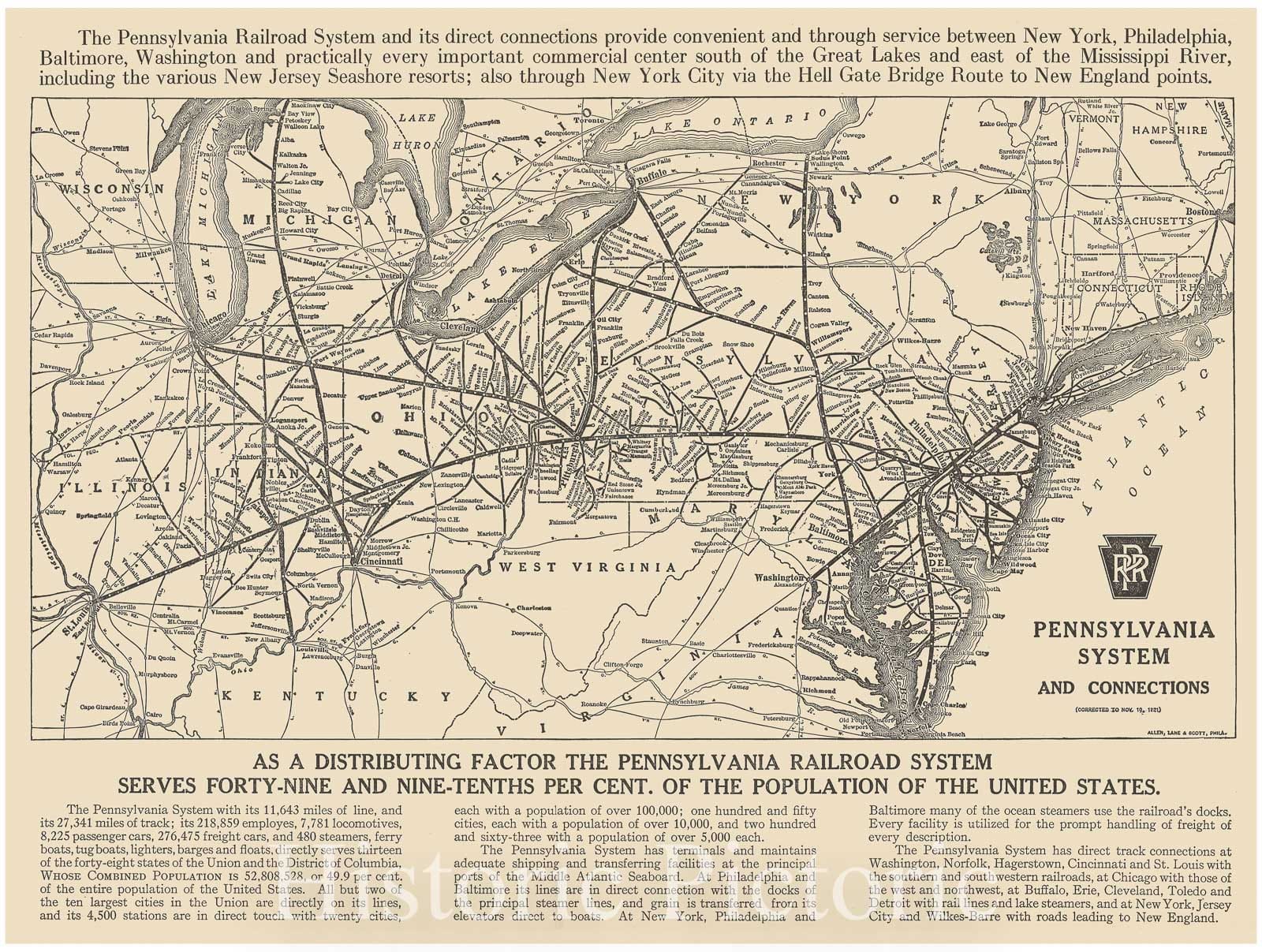 Historic Map : Atlas of Railway Traffic Maps, Pennsylvania Railroad System 1922 , Vintage Wall Art