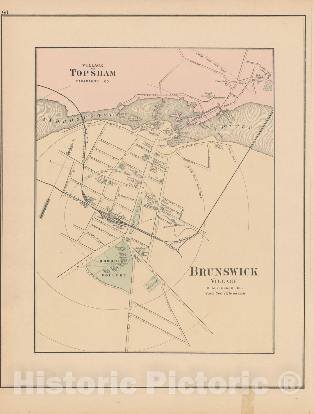 Historic Map : Atlas of Maine, Brunswick 1885 , Vintage Wall Art