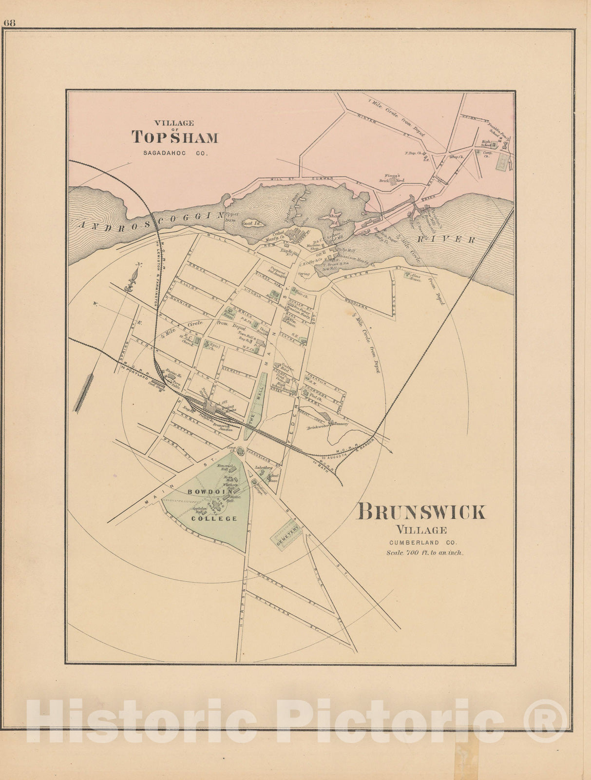 Historic Map : Atlas of Maine, Brunswick 1885 , Vintage Wall Art