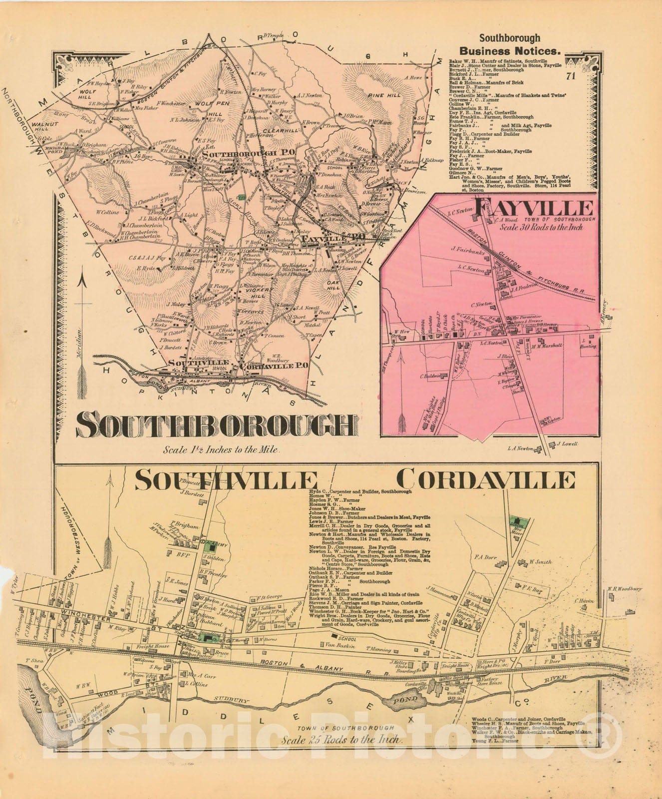 Historic Map : Atlas of Worcester County, Massachsuetts, Southborough 1870 , Vintage Wall Art