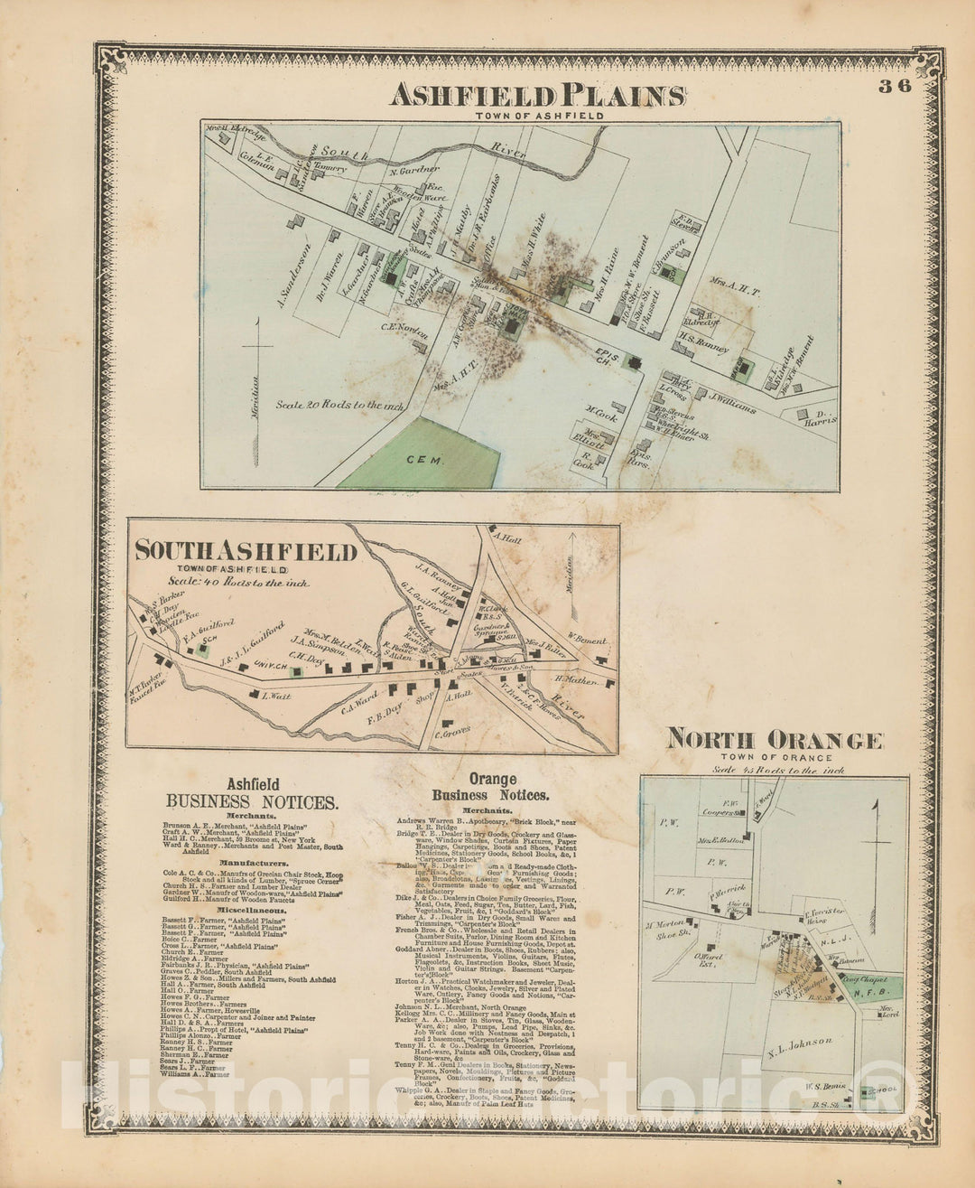 Historic Map : Atlas of Franklin Co. Massachusetts, Ashfield 1871 , Vintage Wall Art