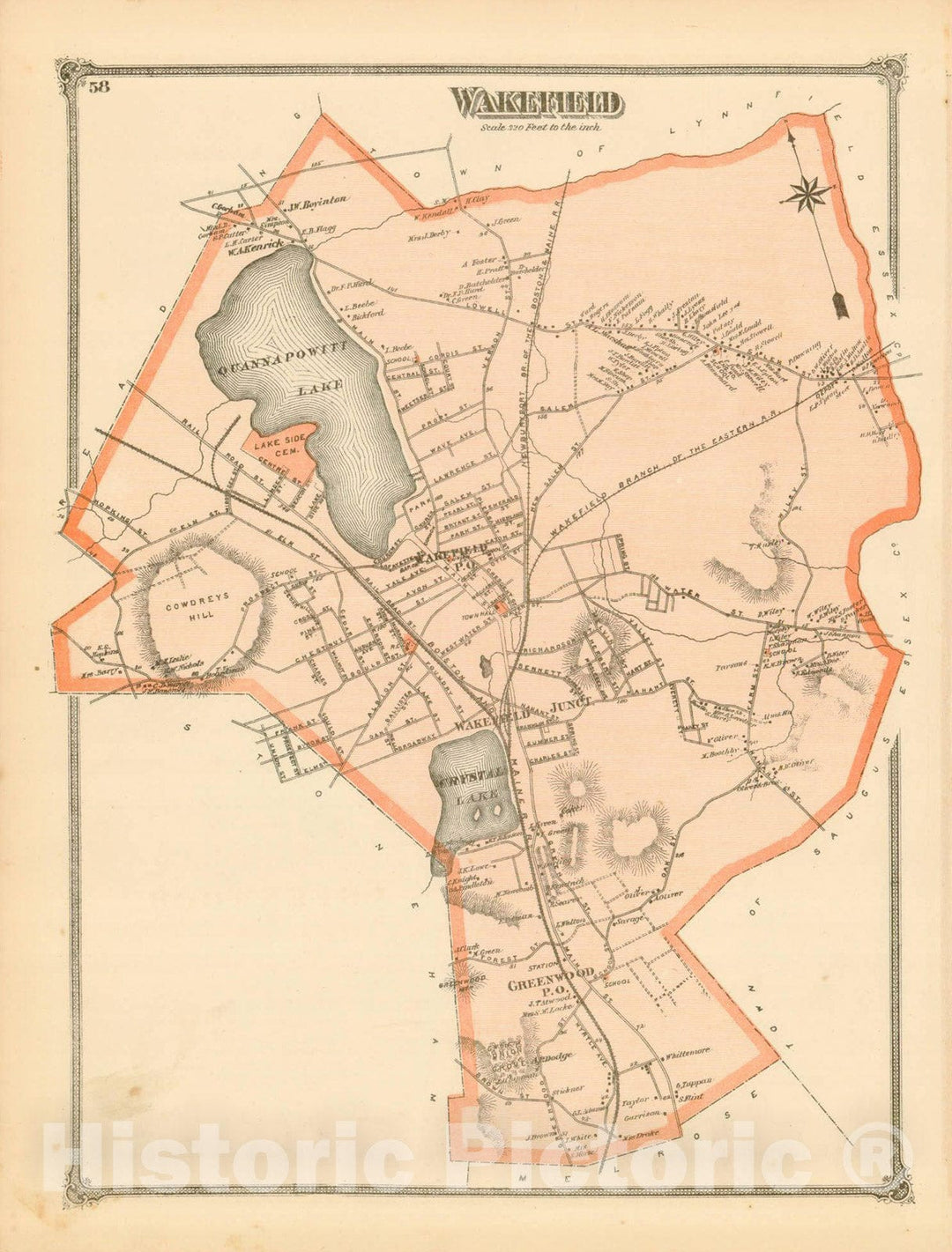 Historic Map : County Atlas of Middlesex Massachusetts, Wakefield 1875 , v2, Vintage Wall Art