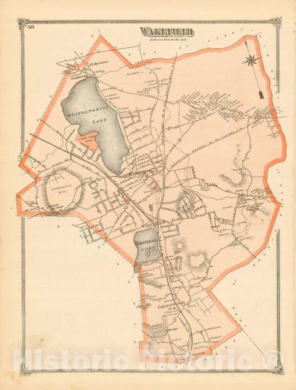 Historic Map : County Atlas of Middlesex Massachusetts, Wakefield 1875 , v2, Vintage Wall Art