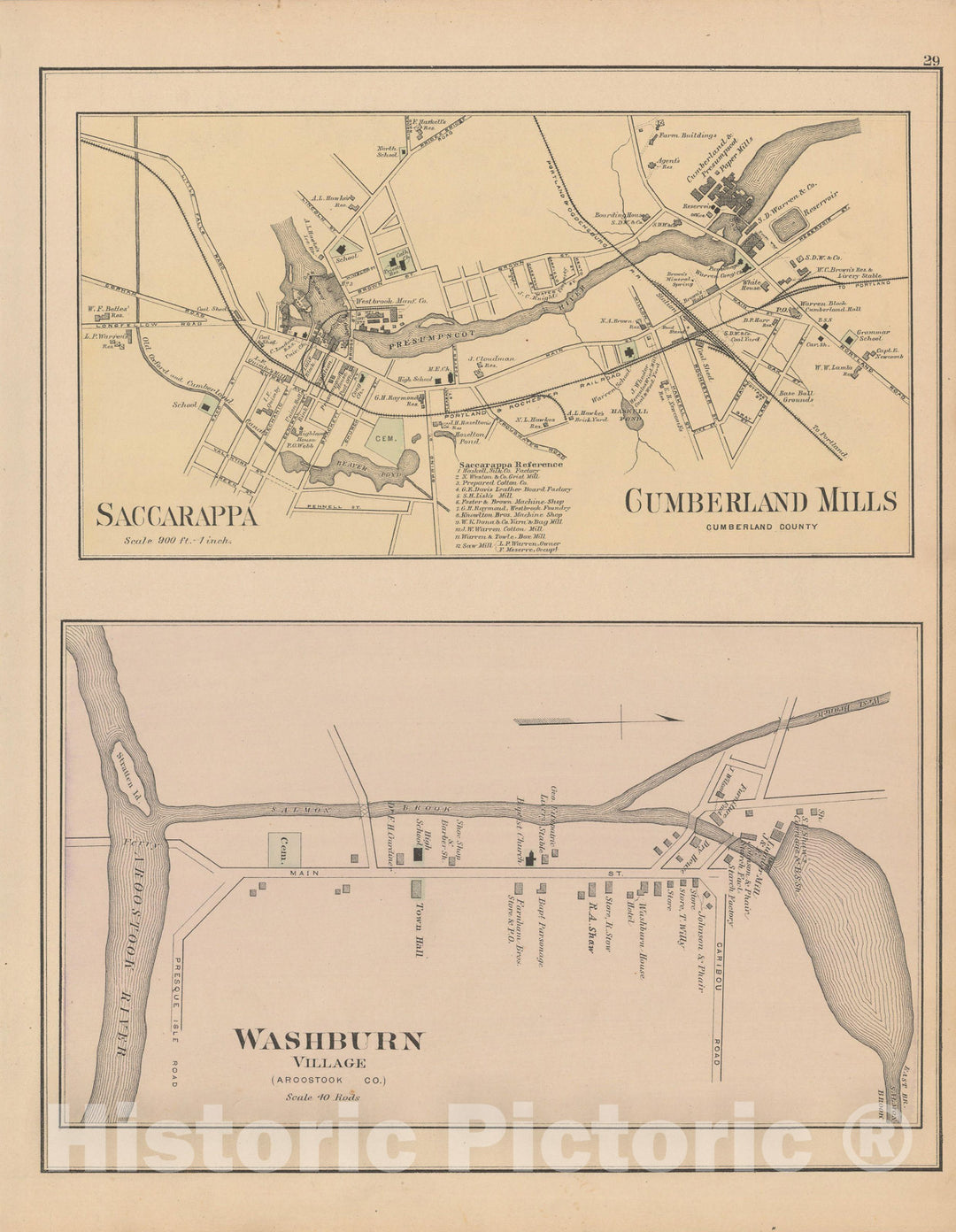 Historic Map : Atlas of Maine, Cumberland Mills & Saccarappa & Washburn 1885 , v2, Vintage Wall Art