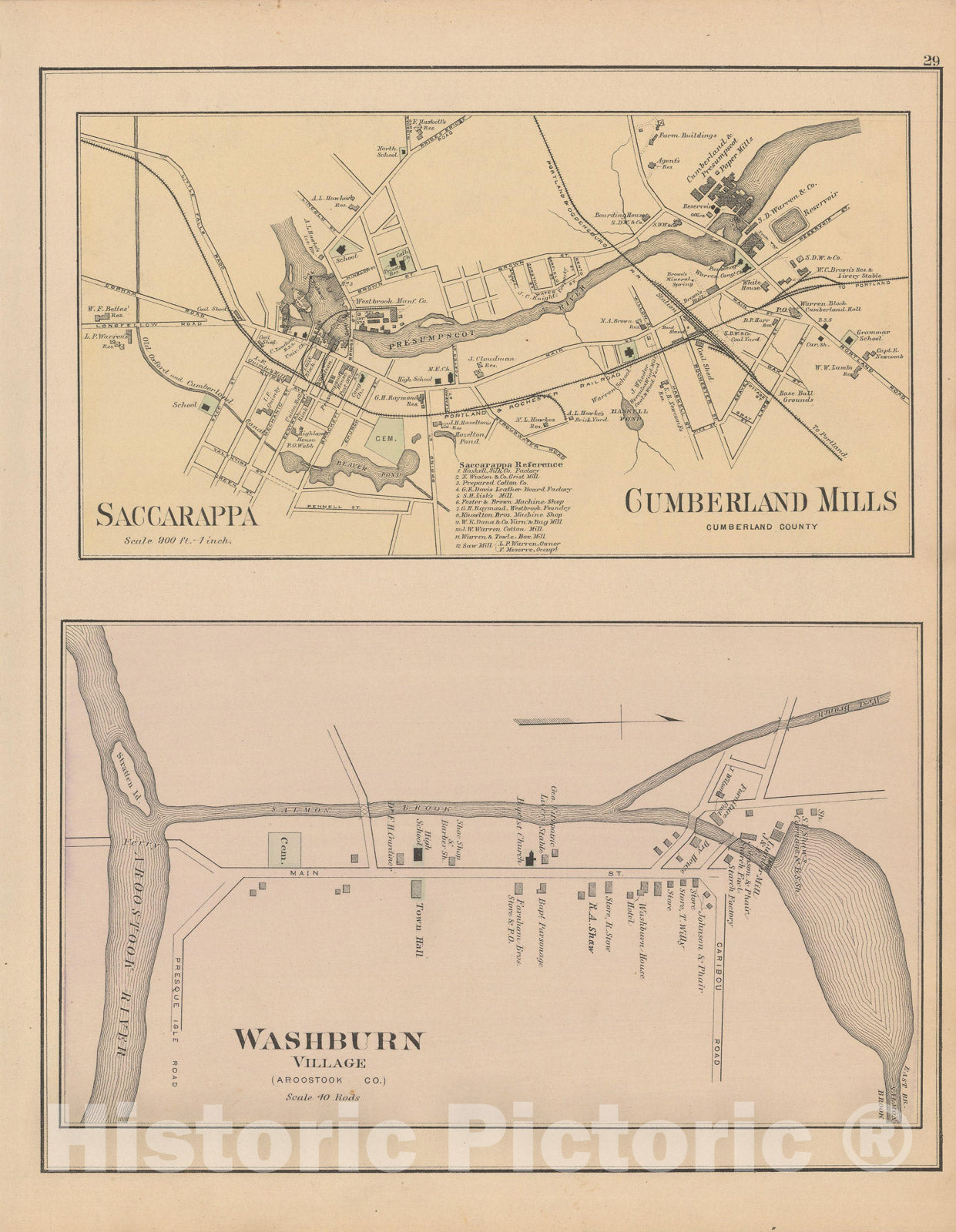 Historic Map : Atlas of Maine, Cumberland Mills & Saccarappa & Washburn 1885 , v2, Vintage Wall Art